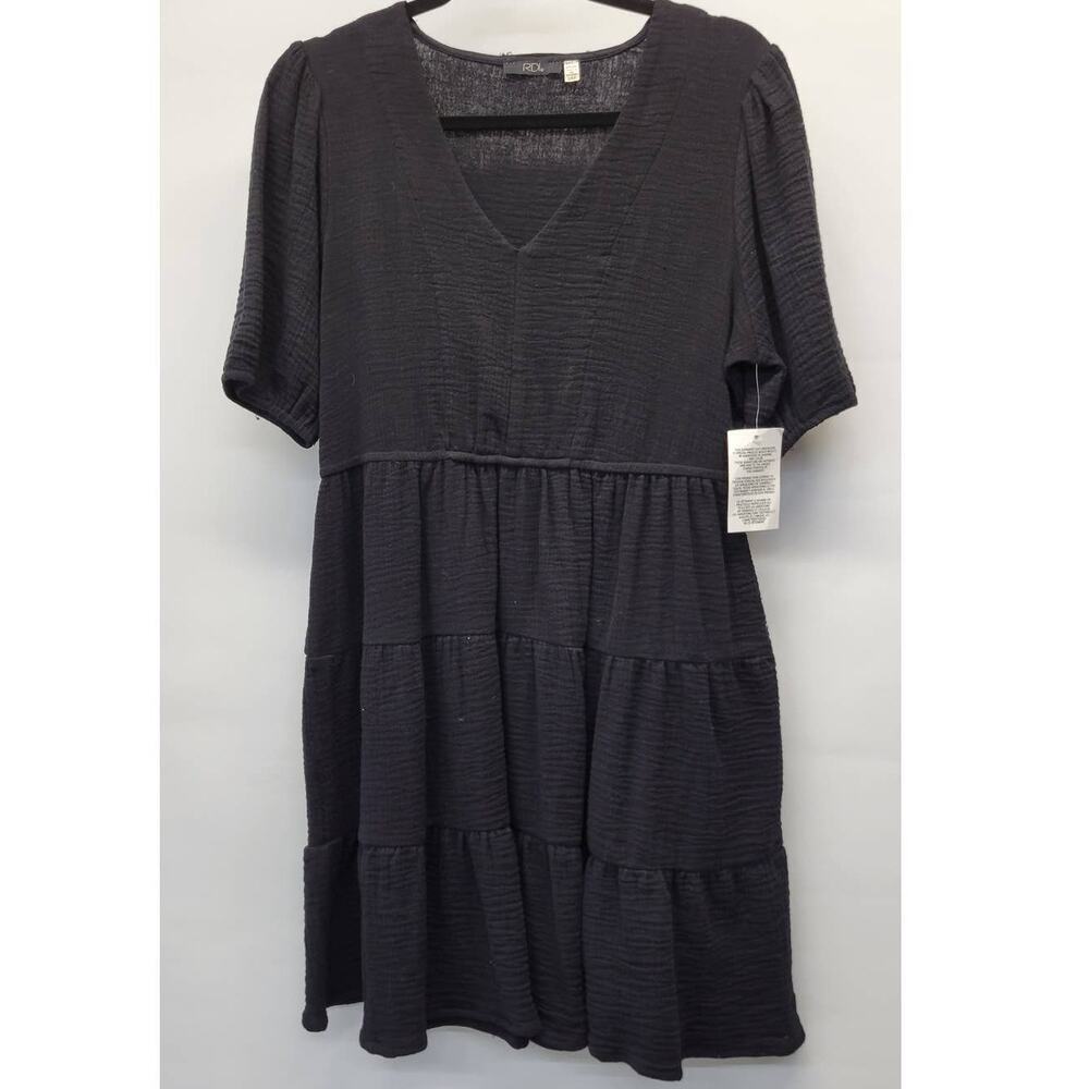 RDI V-Neck Tiered Black Dress Small New
